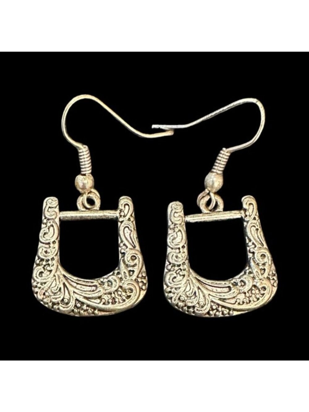 Filigree Horseshoe Dangle Earrings Silver Tone Western Style